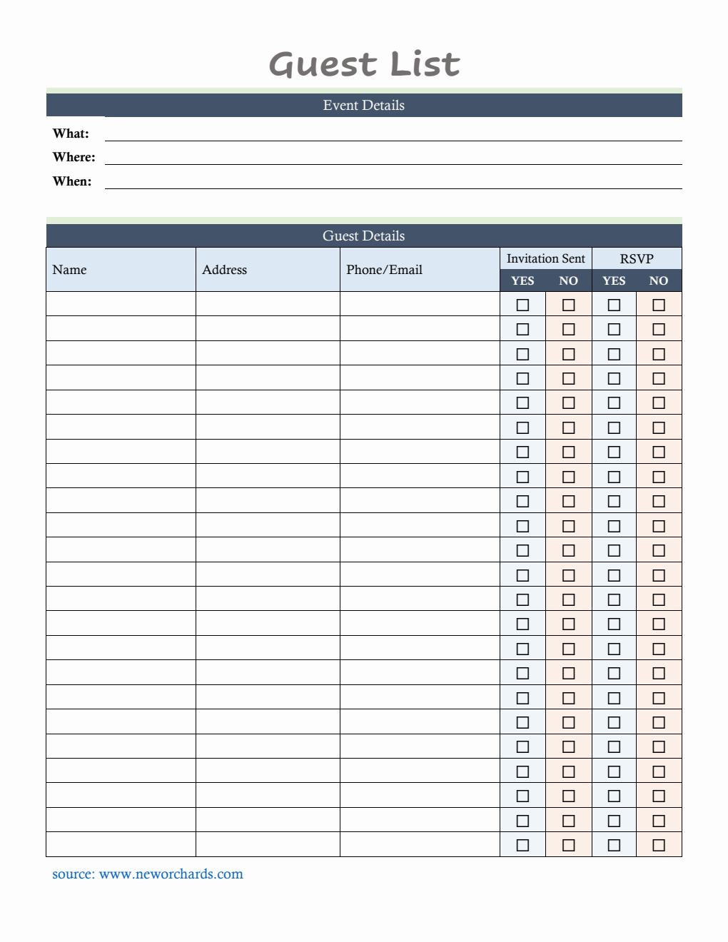 Editable Event Guest List Tracker | Free Word Template Download