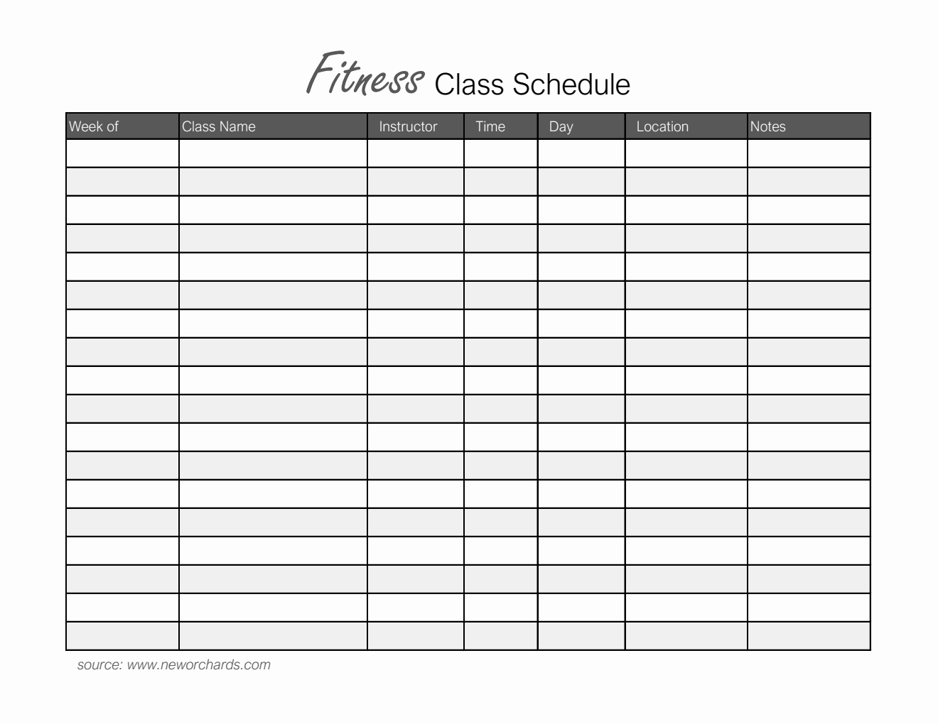 Editable  Fitness Class Schedule Template in Excel