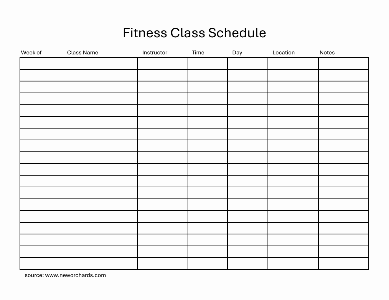 Printable  Fitness Class Schedule Template in Excel