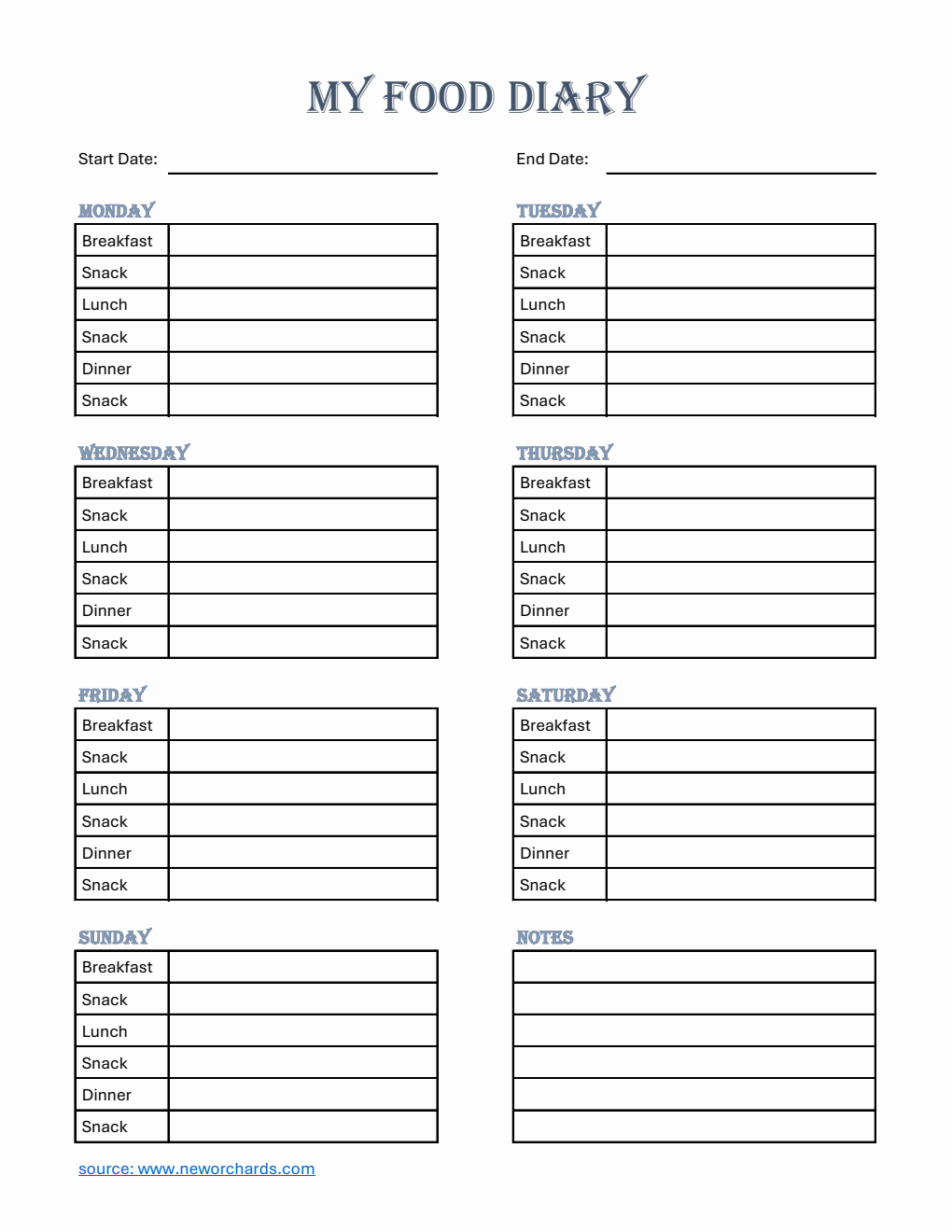  Food Diary Template Excel