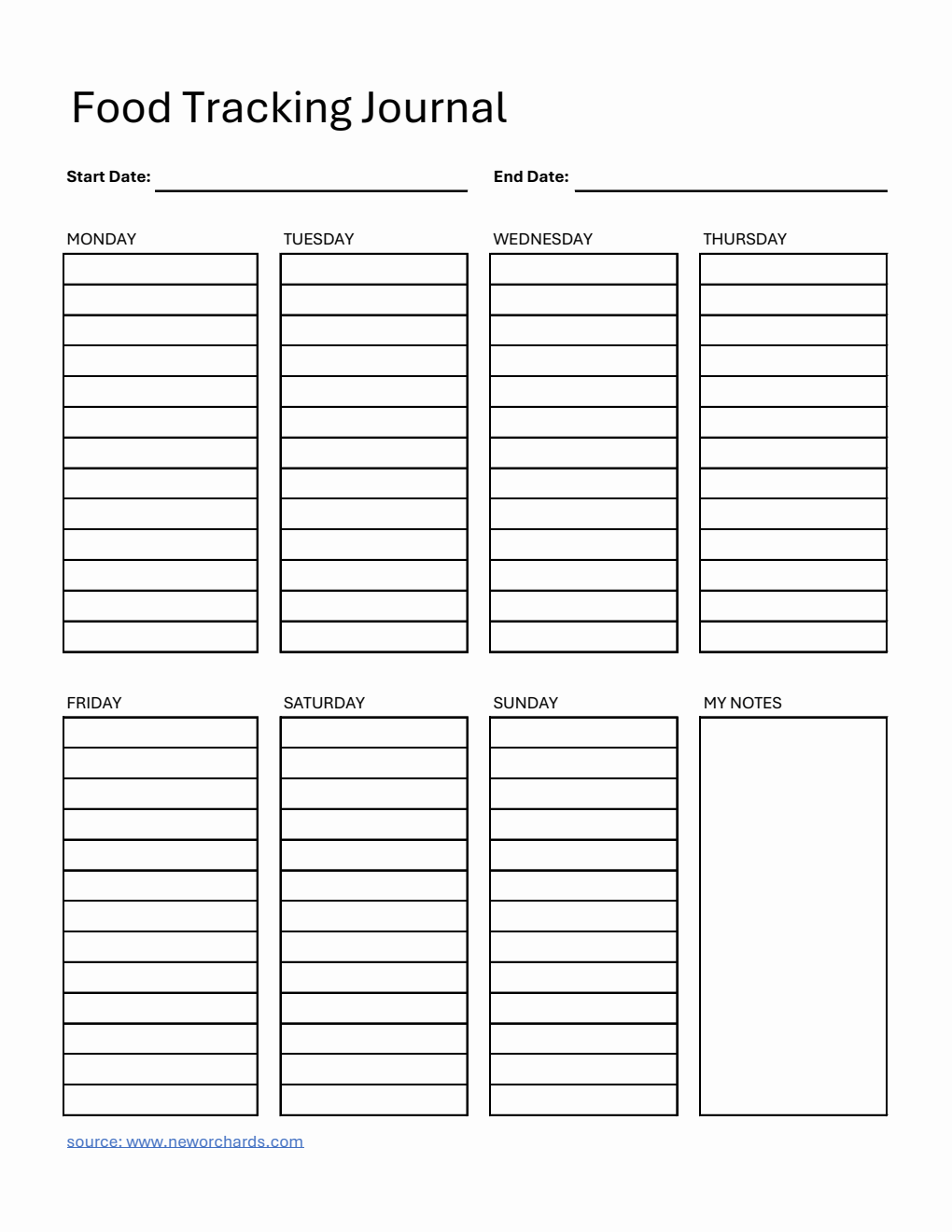 Weekly Food Tracking Journal Template Excel (Printable)