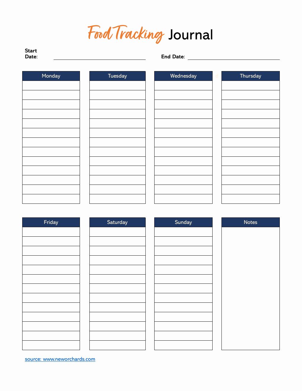 Weekly Food Tracking Journal Template Word (Simple)