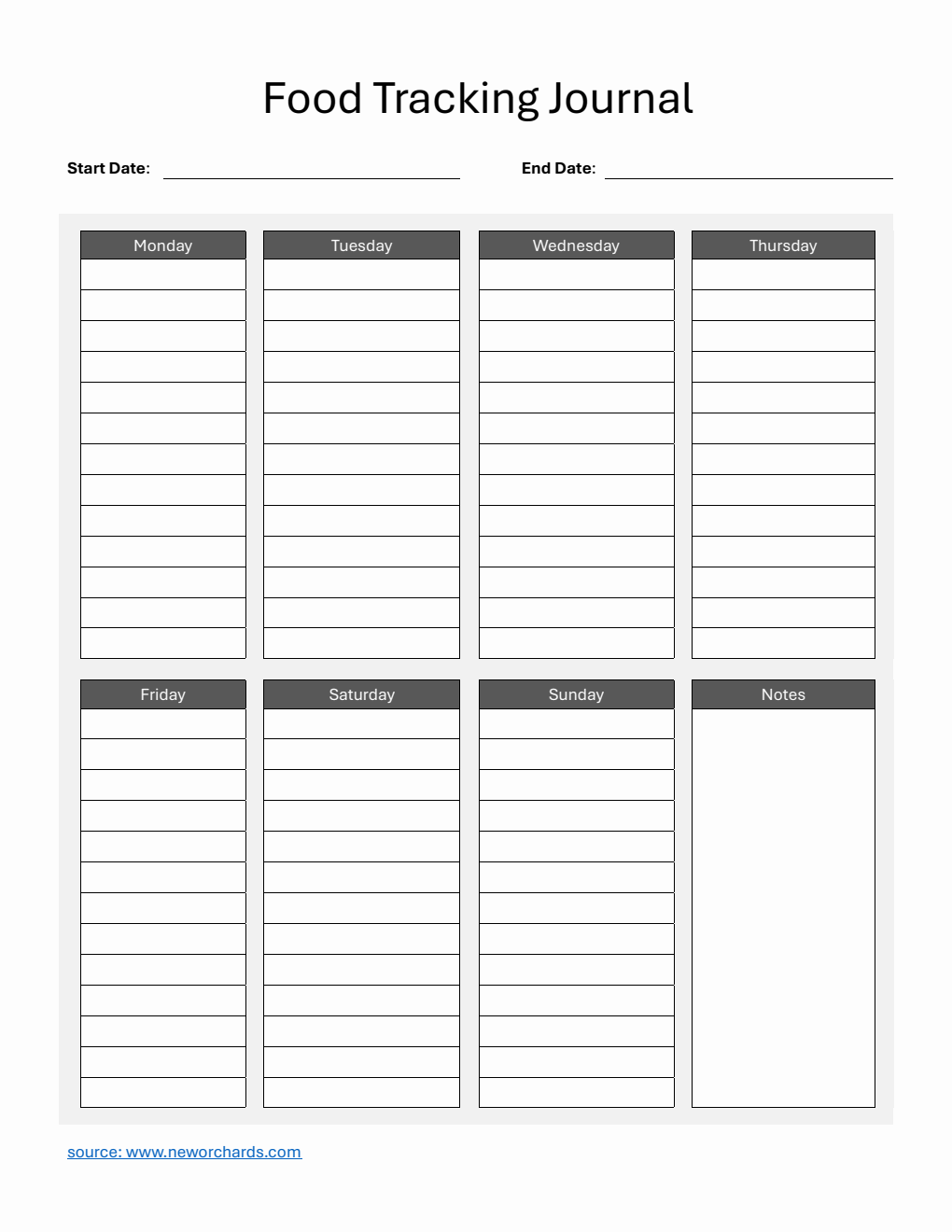 Weekly Food Tracking Journal Template Word (Grey)