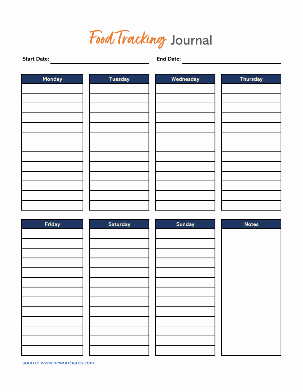 Weekly Food Tracking Journal Template Excel (Simple)