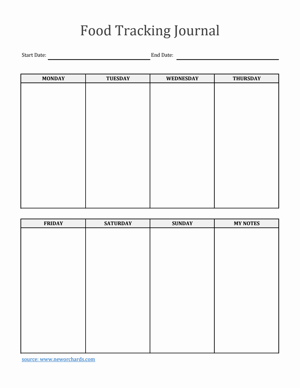 Weekly Food Tracking Journal Template Excel (Minimalist)
