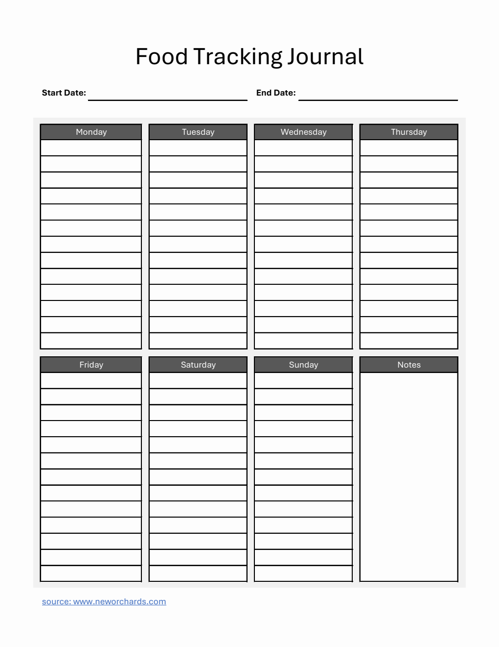 Weekly Food Tracking Journal Template Excel (Grey)