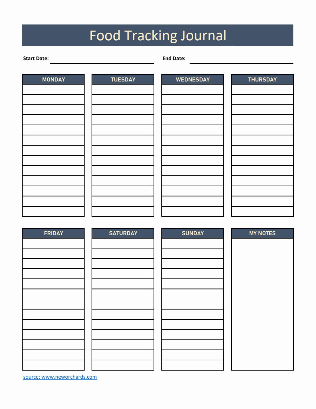 Weekly Food Tracking Journal Template Excel (Dark Blue)