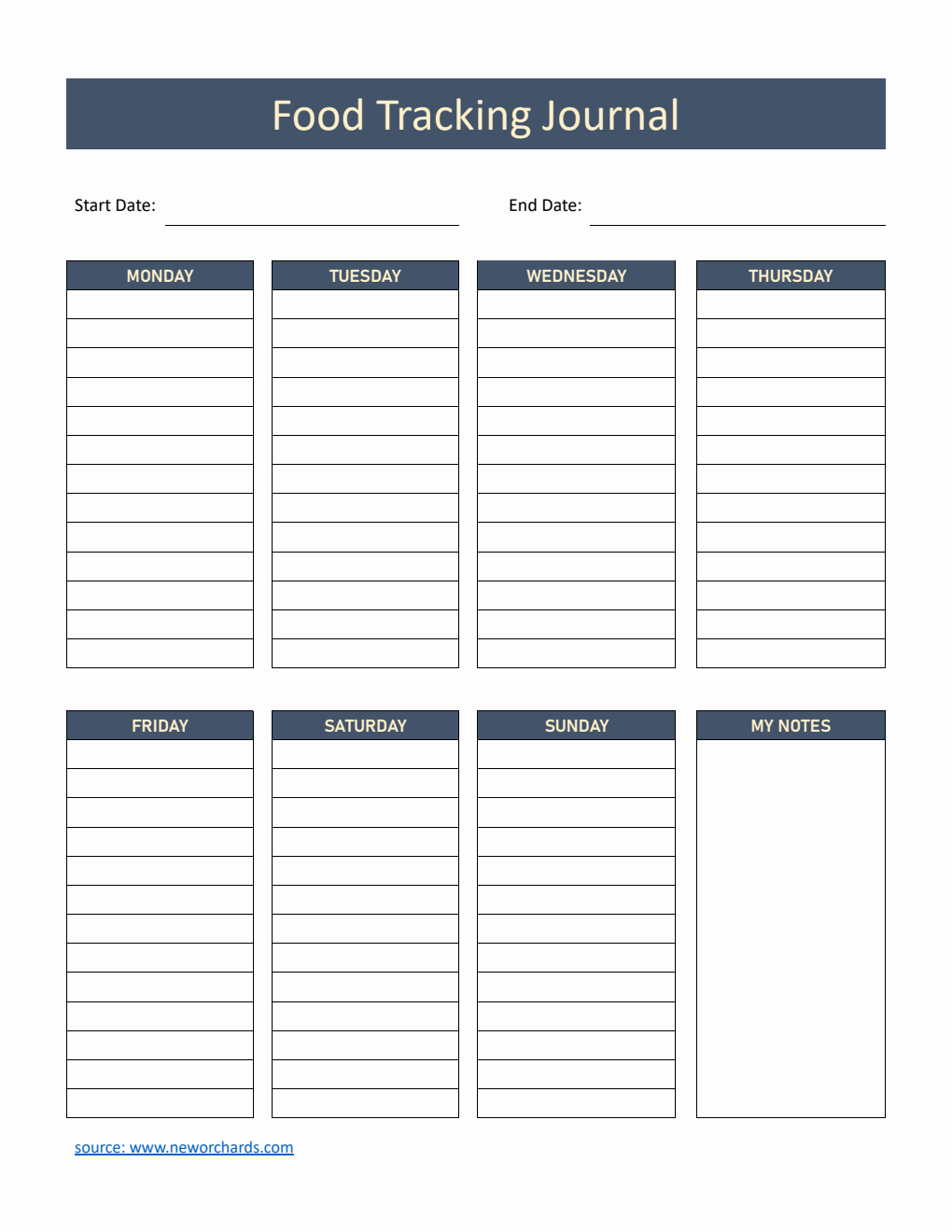 Weekly Food Tracking Journal Template Word (Dark Blue)