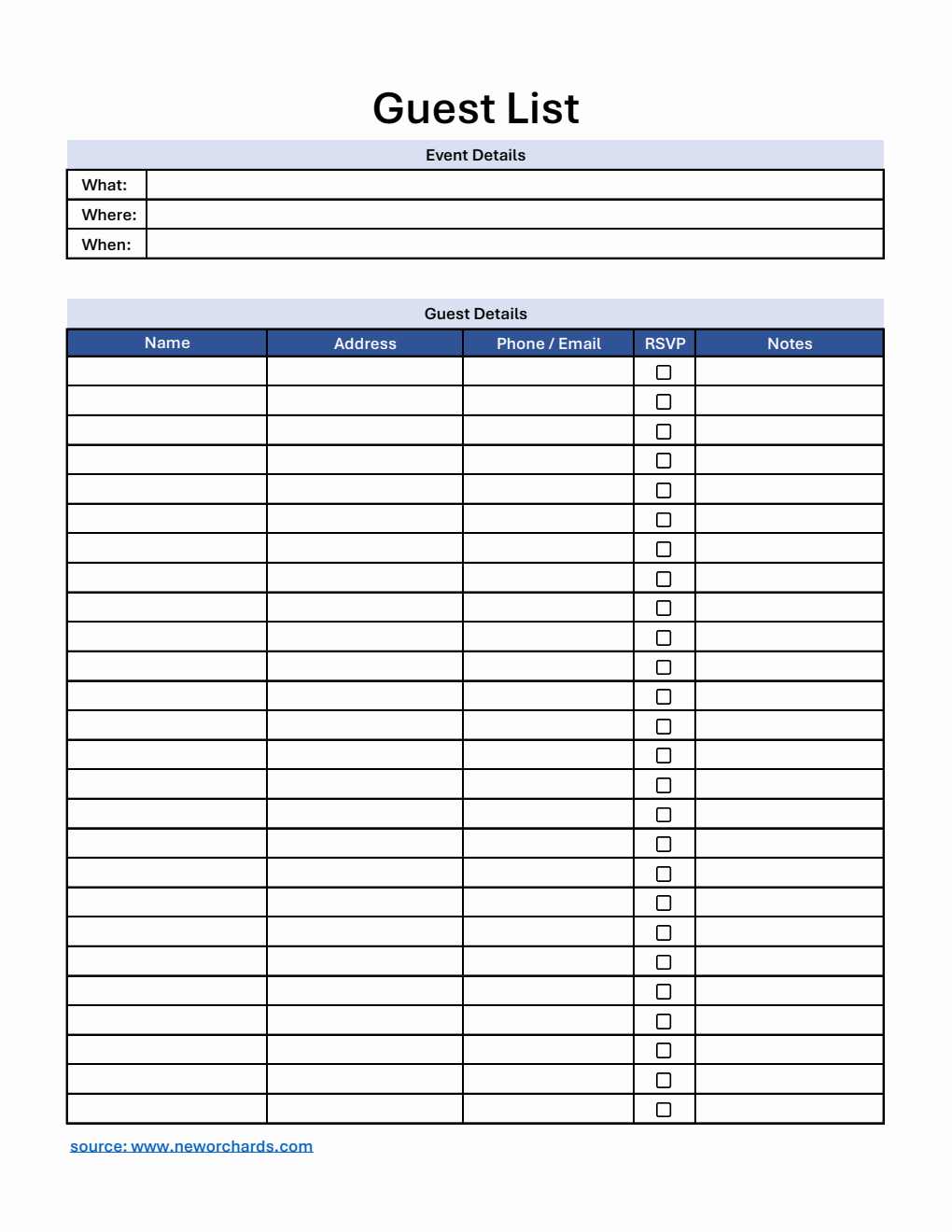 Guest List Template | 100% Editable in Excel