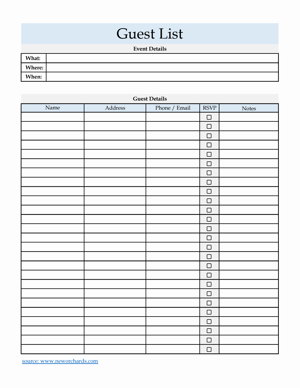 Guest List Template | 100% Downloadable in Excel