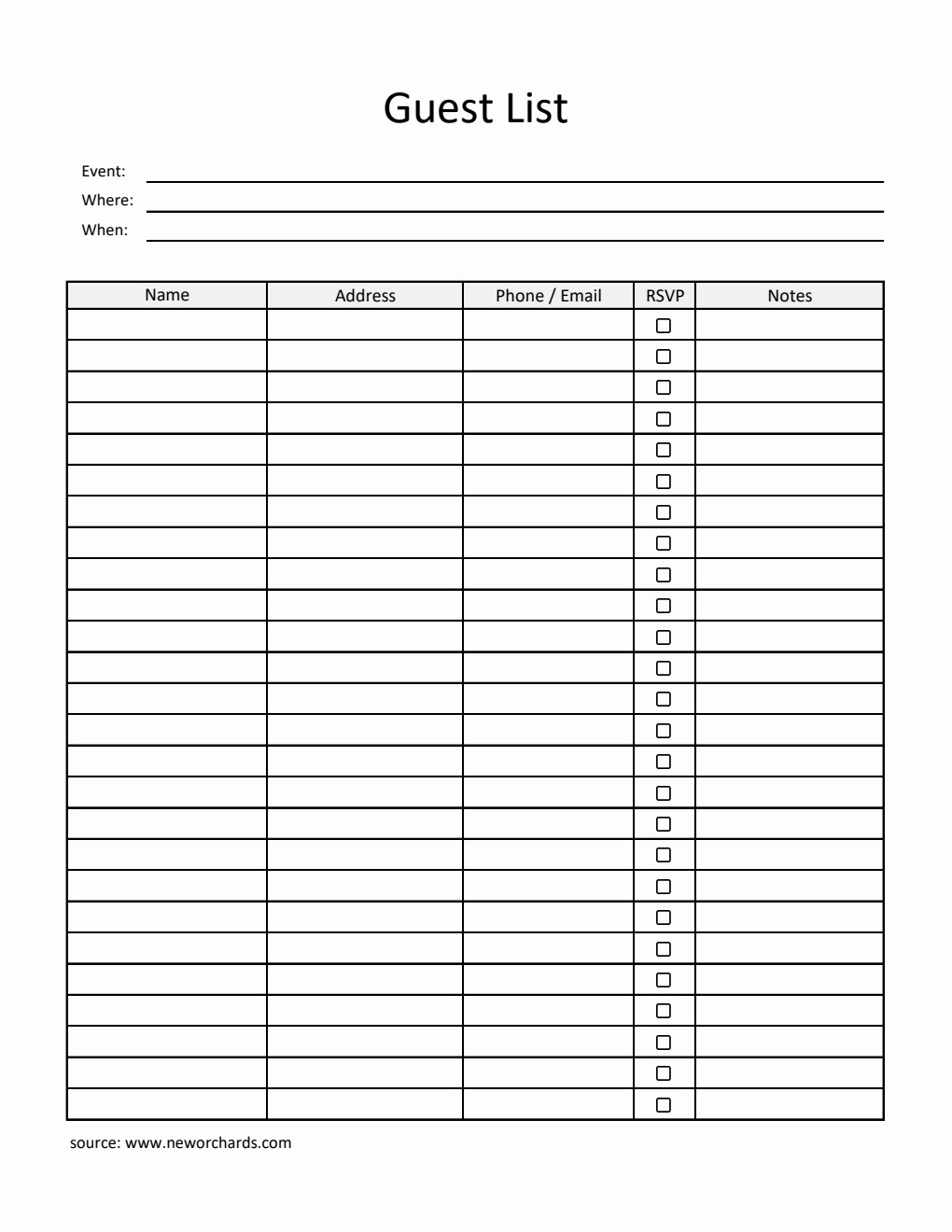 Guest List Template | 100% Printable in Excel