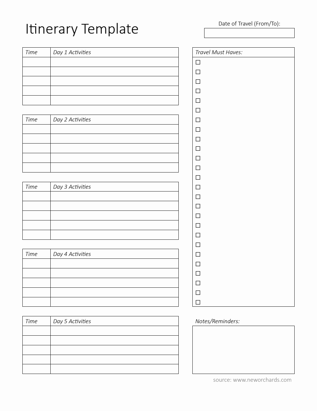 Printable Itinerary Template (Word)