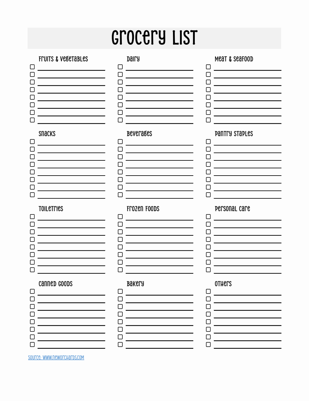 Free Printable Grocery List Template in Excel