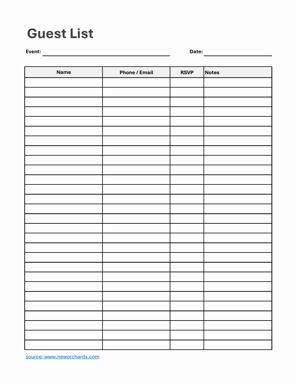 Free Guest List Template in Excel (Printable)