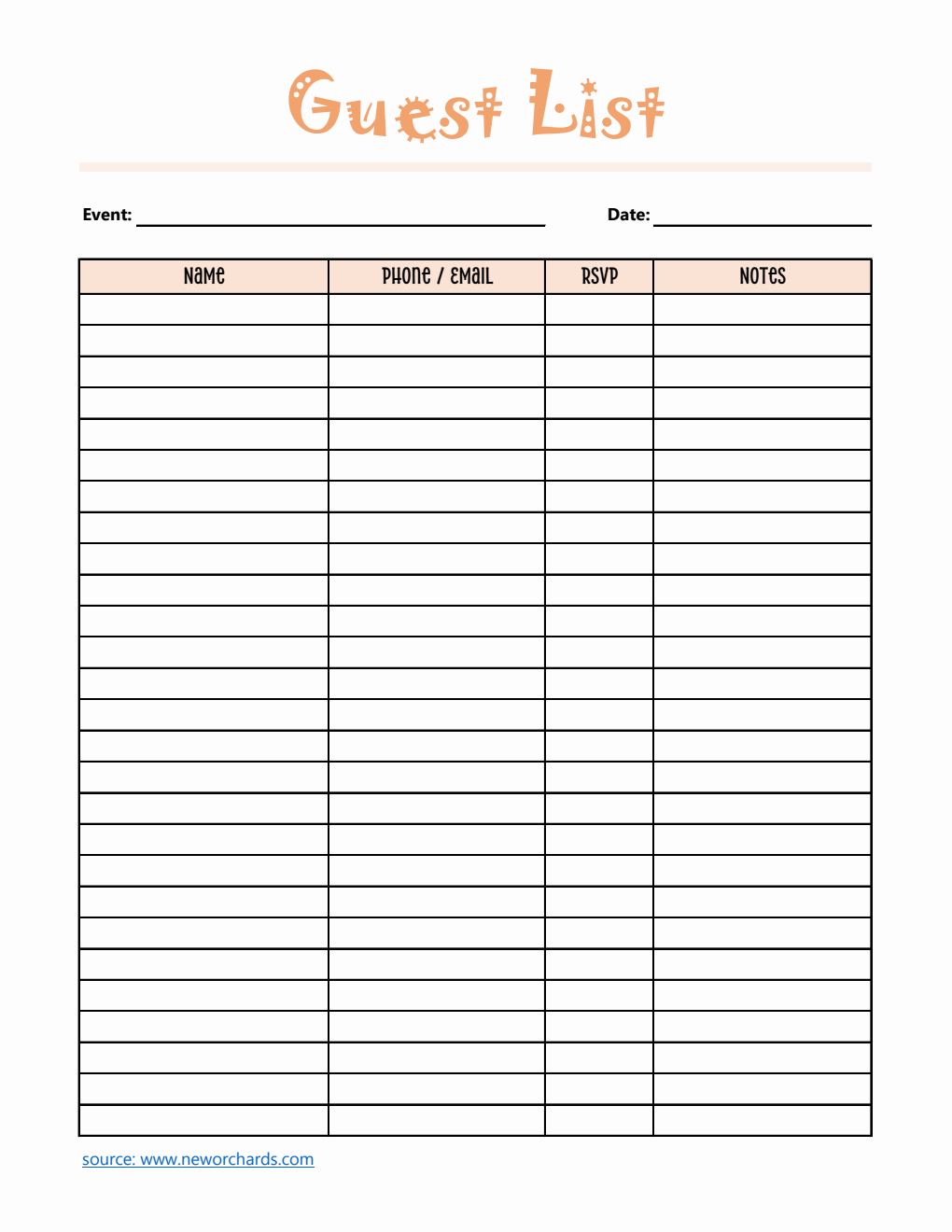 Free Guest List Template in Excel (Editable)
