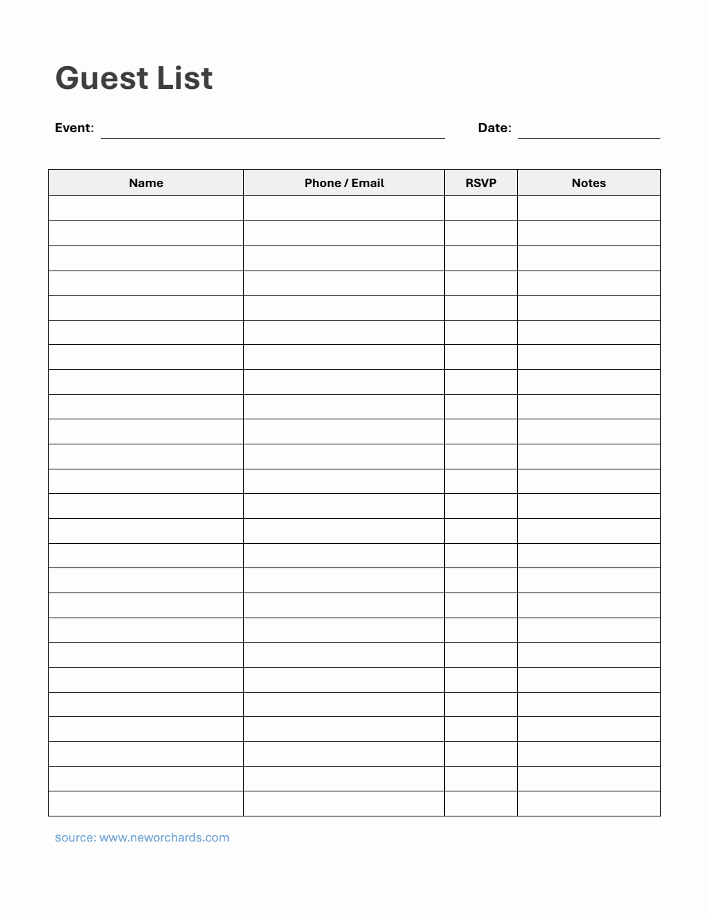 Free Guest List Template in PDF (Printable)