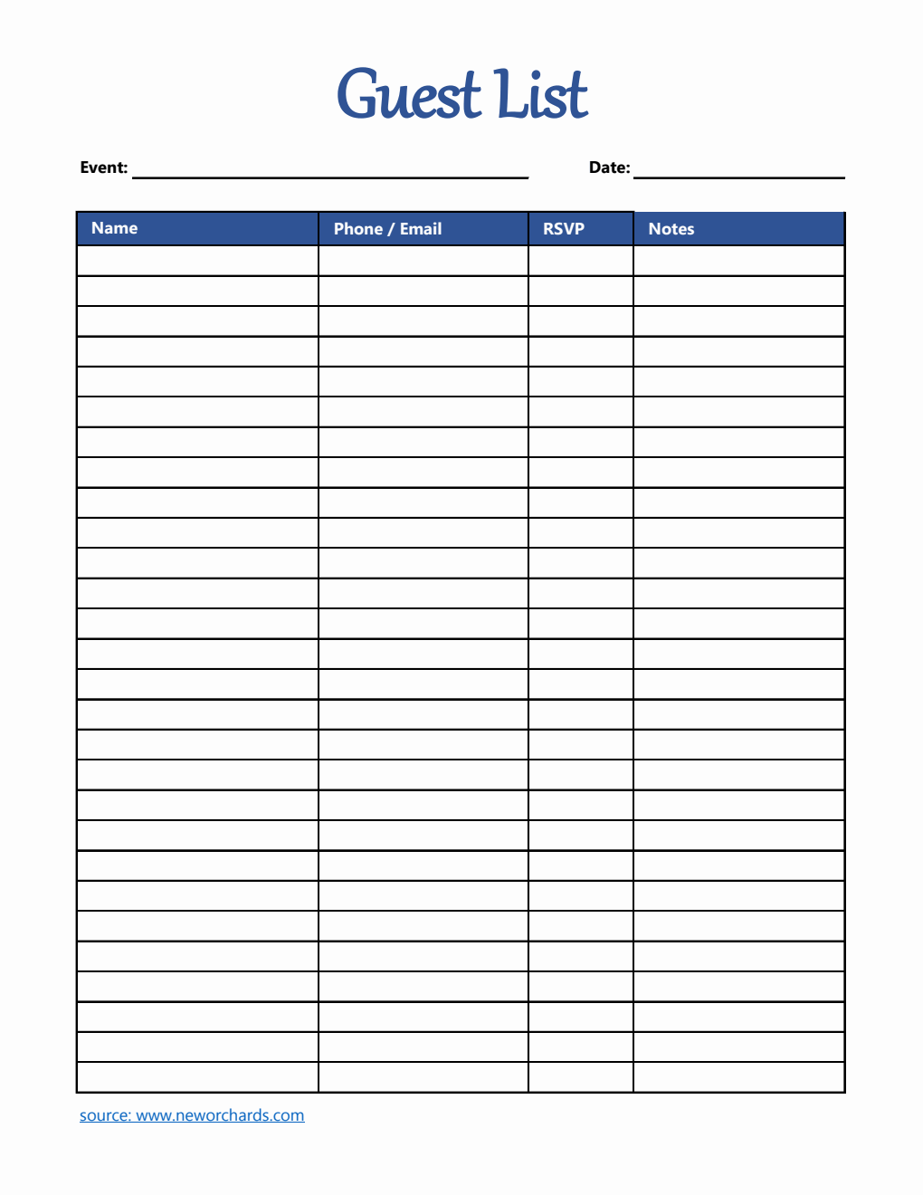 Free Guest List Template in Excel (Basic)