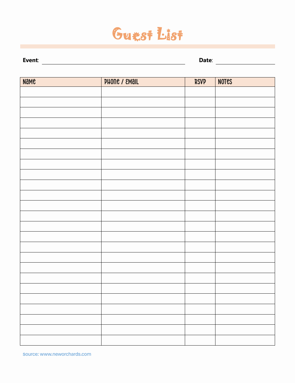 Free Guest List Template in Word (Editable)