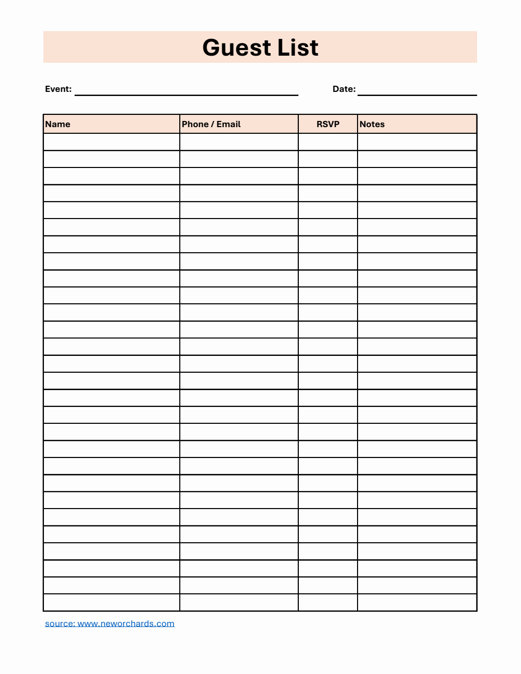 Free Guest List Template in Excel (Customizable)