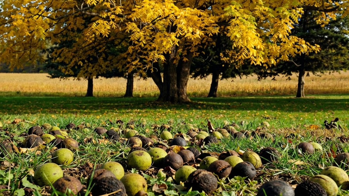 Black Walnut Tree With Walnut Balls In Grass Source Of Juglone