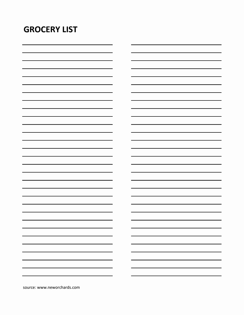 Free Blank Grocery List Template in Excel