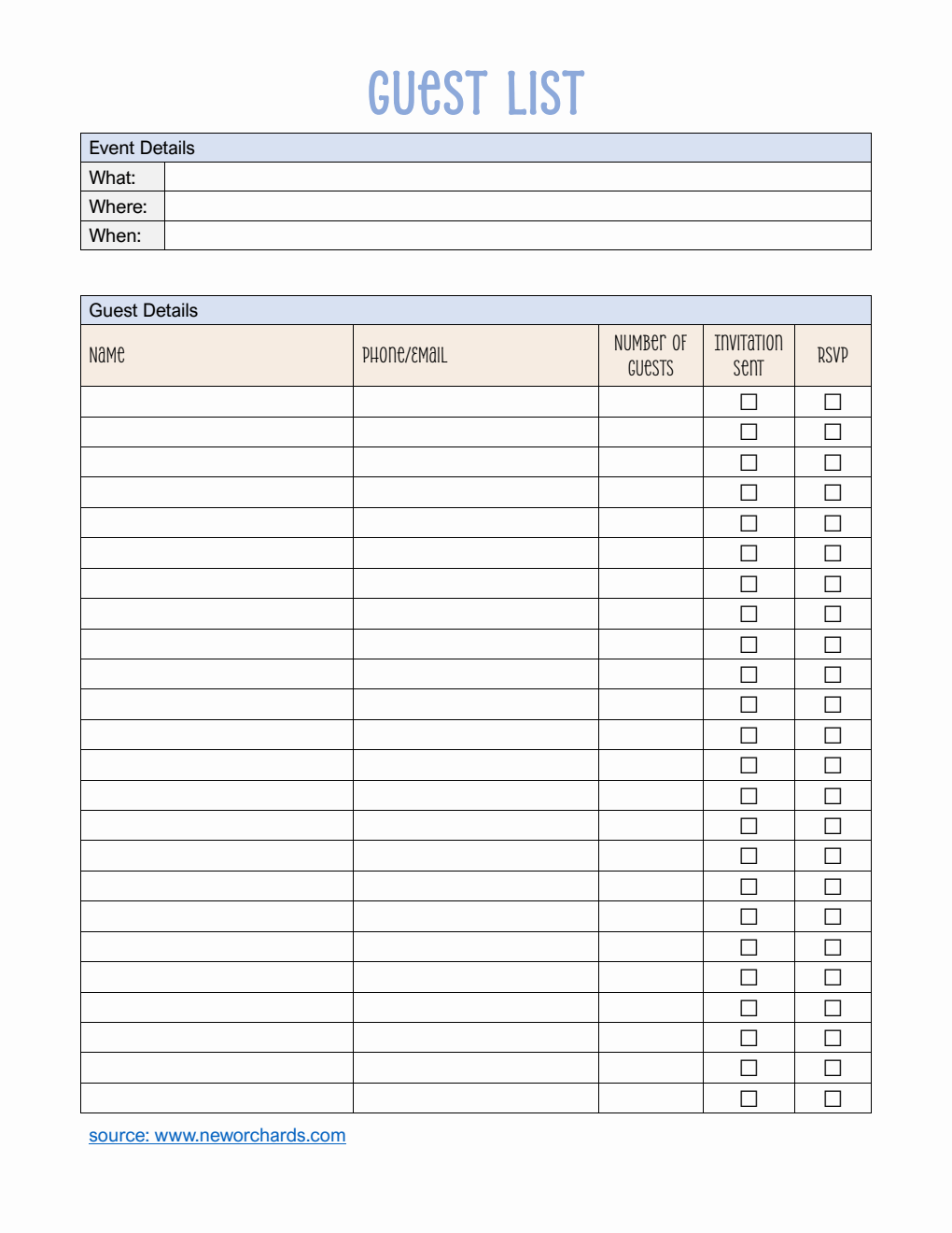Basic Guest List Template | Free Download in Word