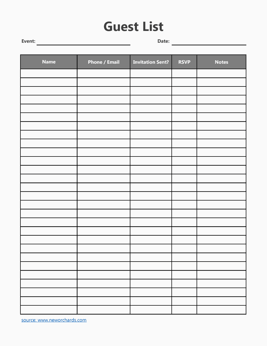 Guest List Template in Excel (Striped)