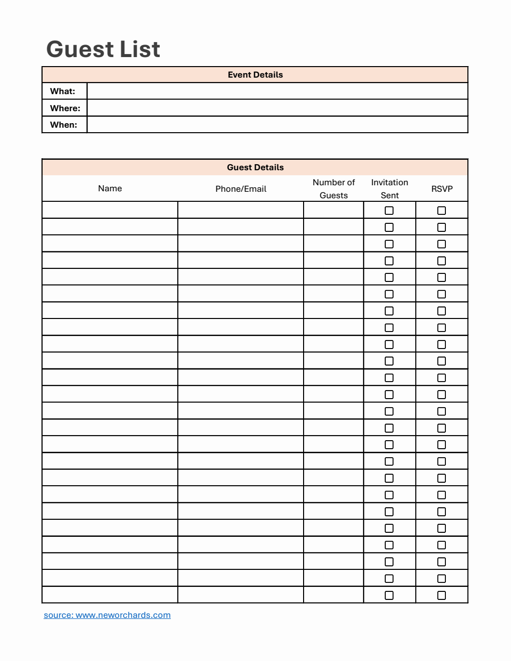 Customizable Guest List Template | Free Download in Excel