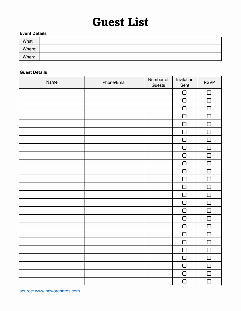 Printable Guest List Template | Free Download in Excel