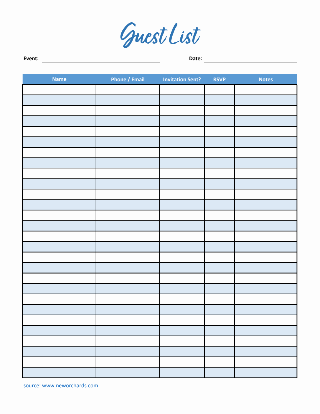 Guest List Template in Excel (Blue)
