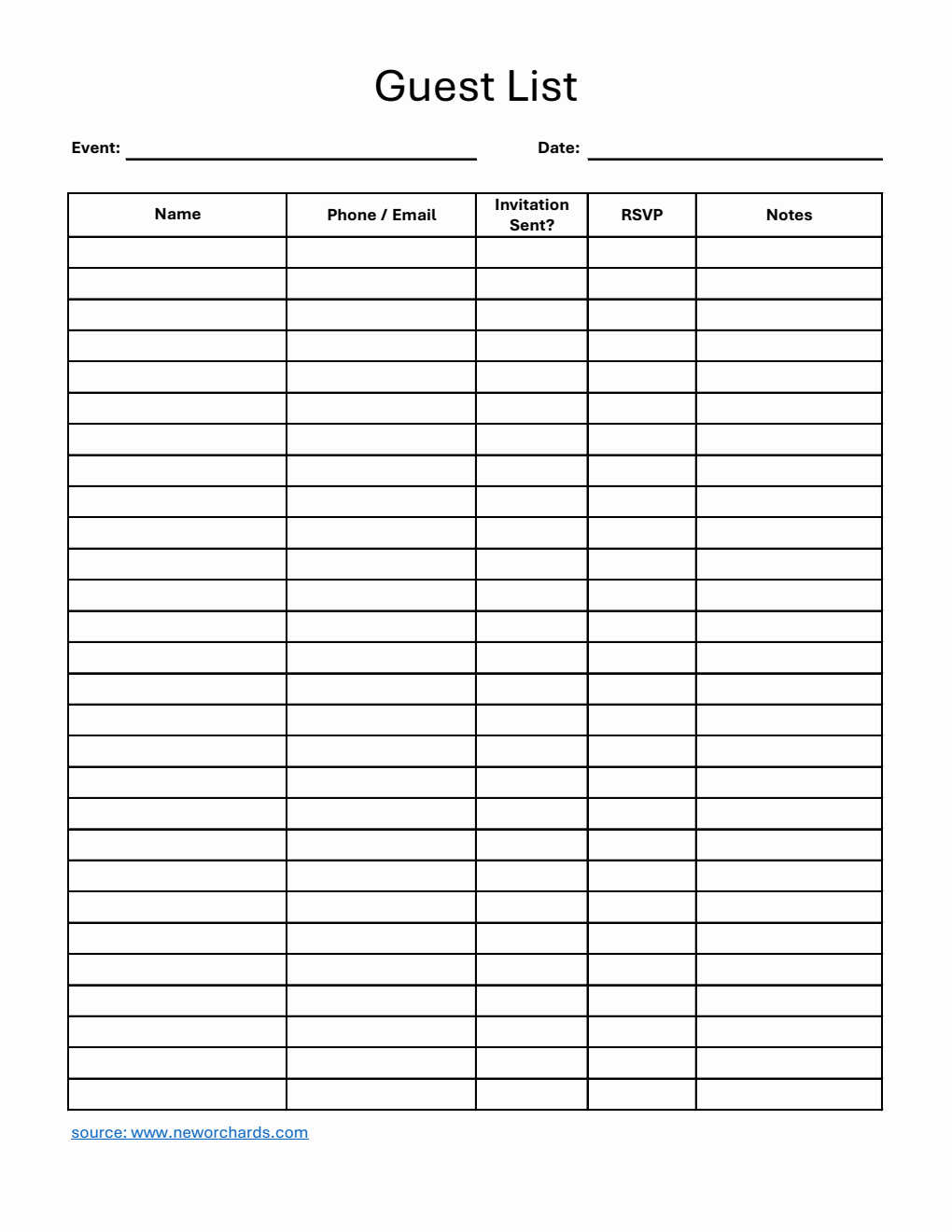 Guest List Template in Excel (Minimalist)