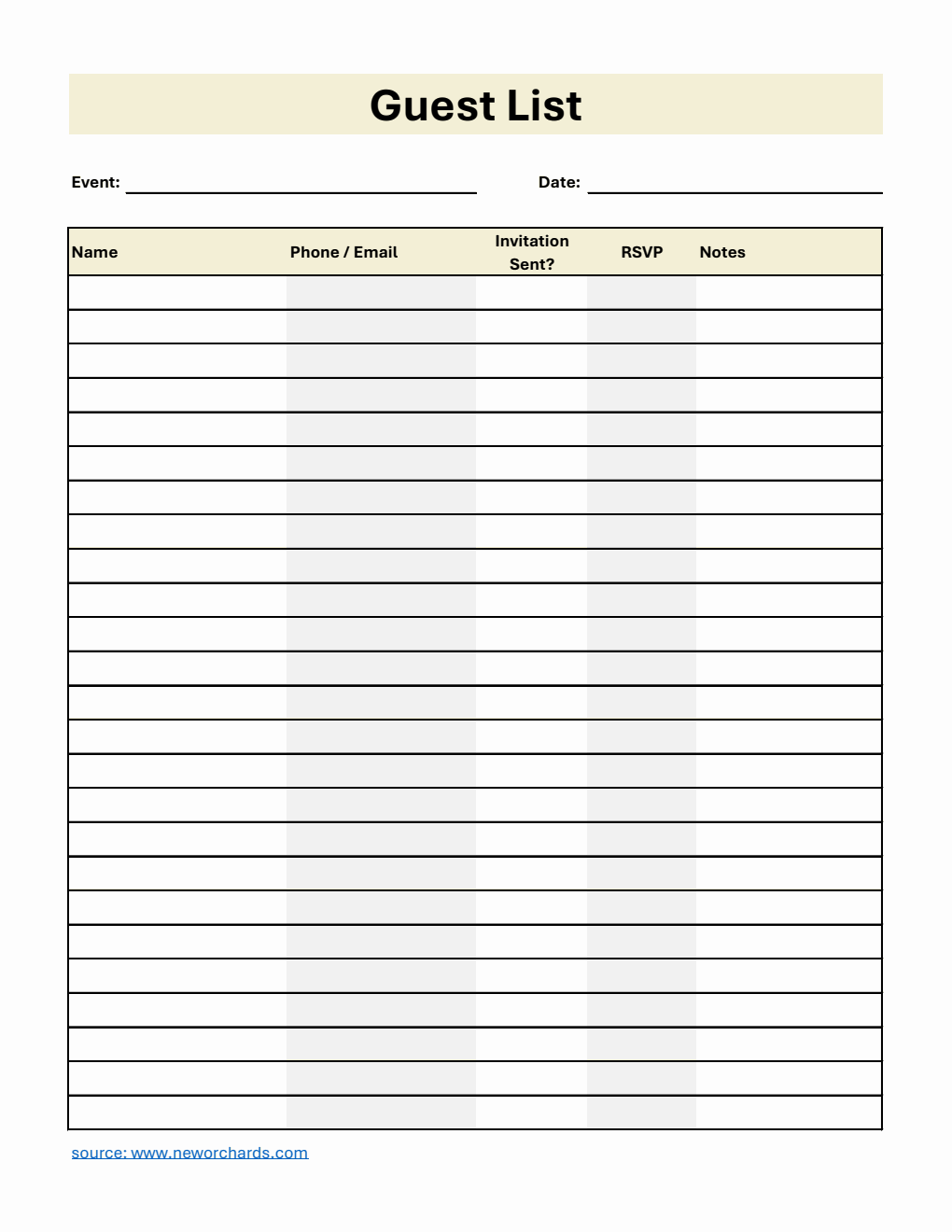 Guest List Template in Excel (Simple)
