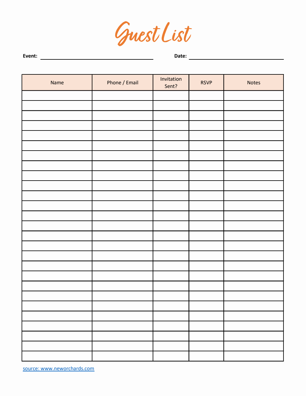 Guest List Template in Excel (Basic)