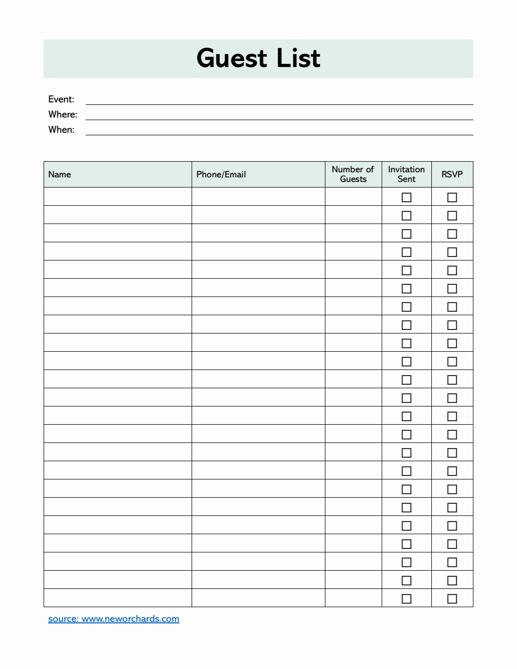 Simple Guest List Template | Free Download in Word