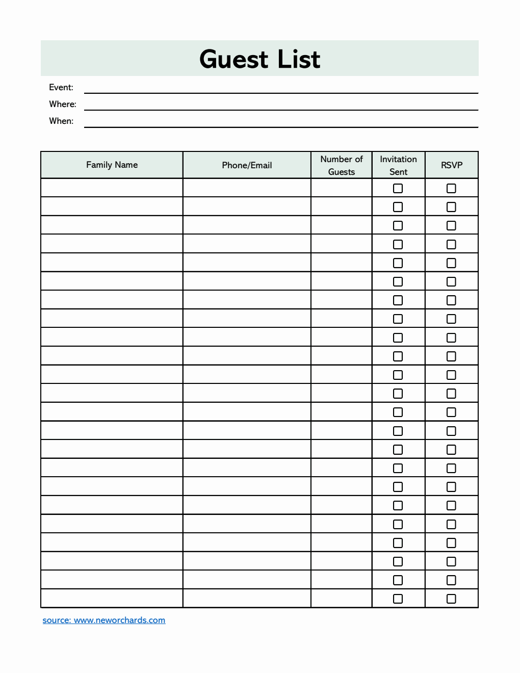 Simple Guest List Template | Free Download in Excel