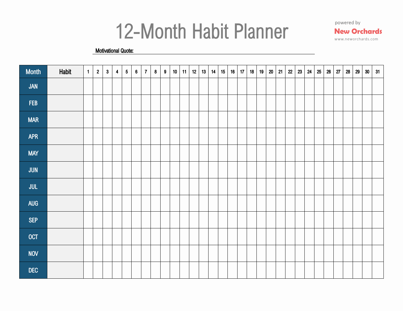 12 Month Habit Tracker Printable Template (Word)