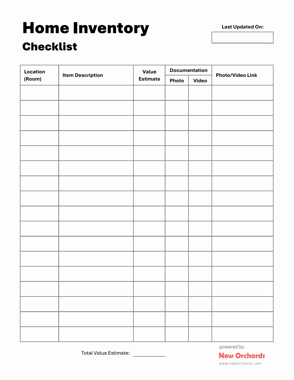 Excel Home Inventory Checklist | Free Printable Template
