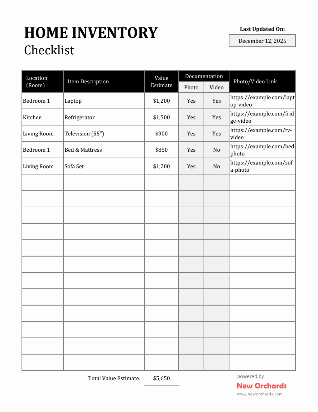 Excel Home Inventory Checklist | Free Editable Template