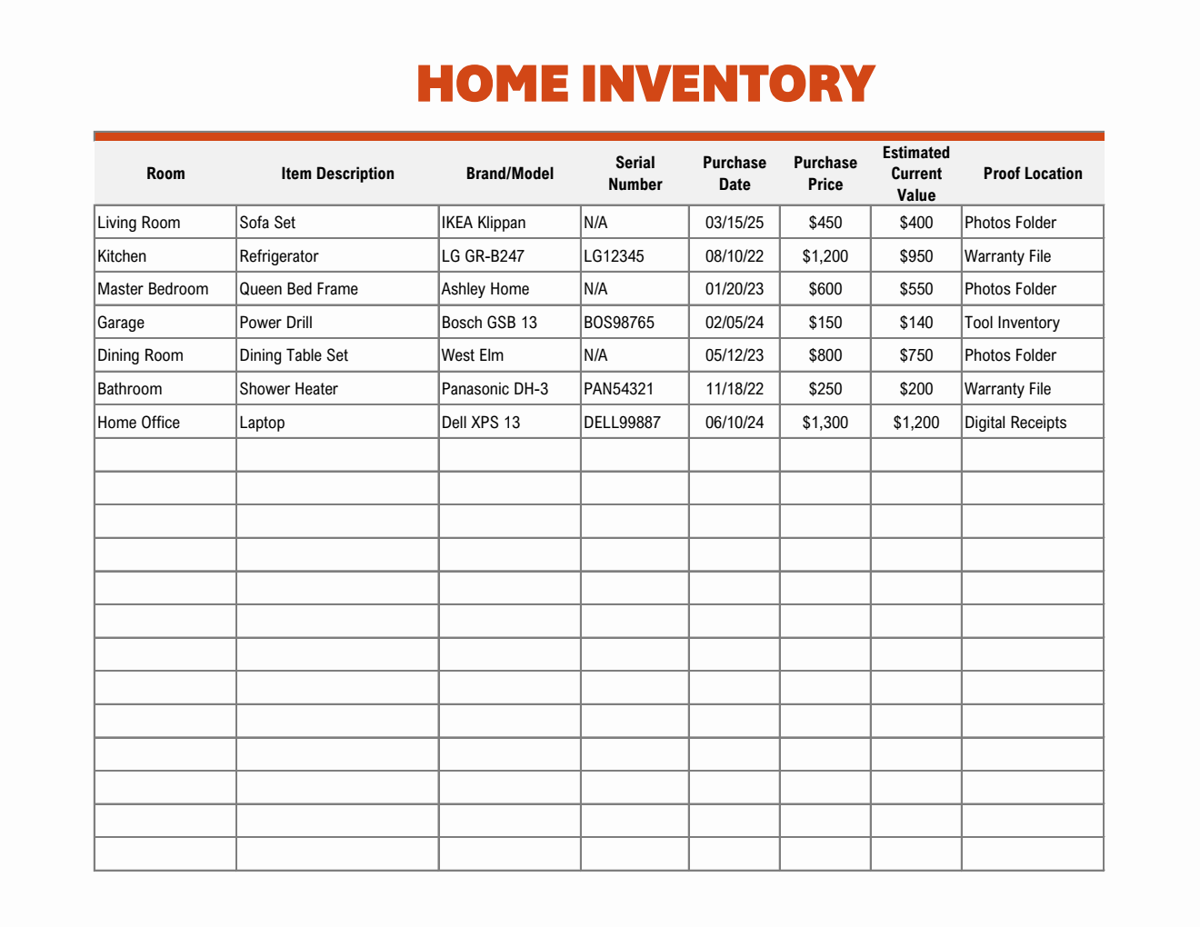 Excel Home Inventory Template (2 Page Layout)