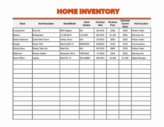 Excel Home Inventory Template (2 Page Layout)