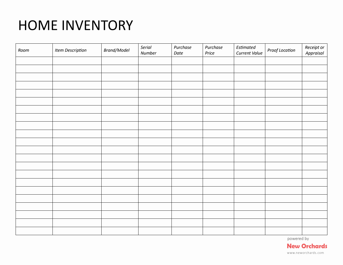 Home Inventory List Template Word (Printable)