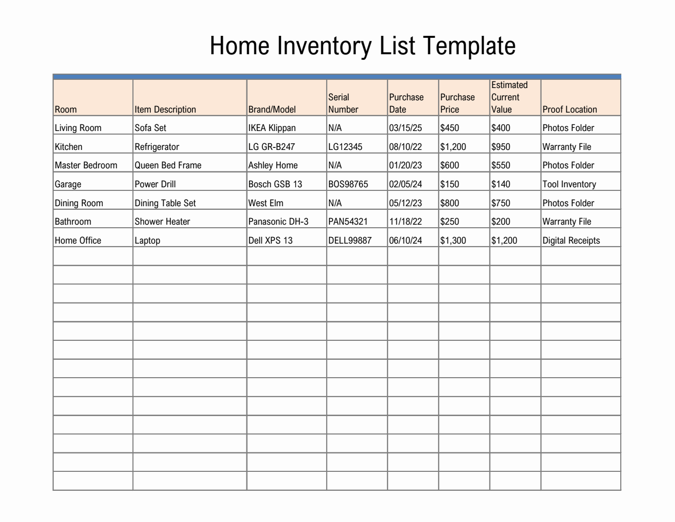 Excel Home Inventory Template (Editable)