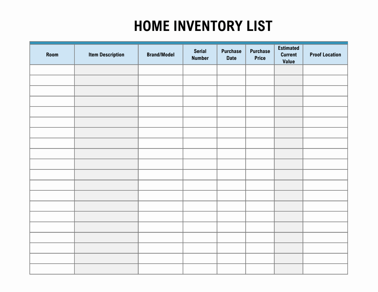 Excel Home Inventory Template (Landscape)