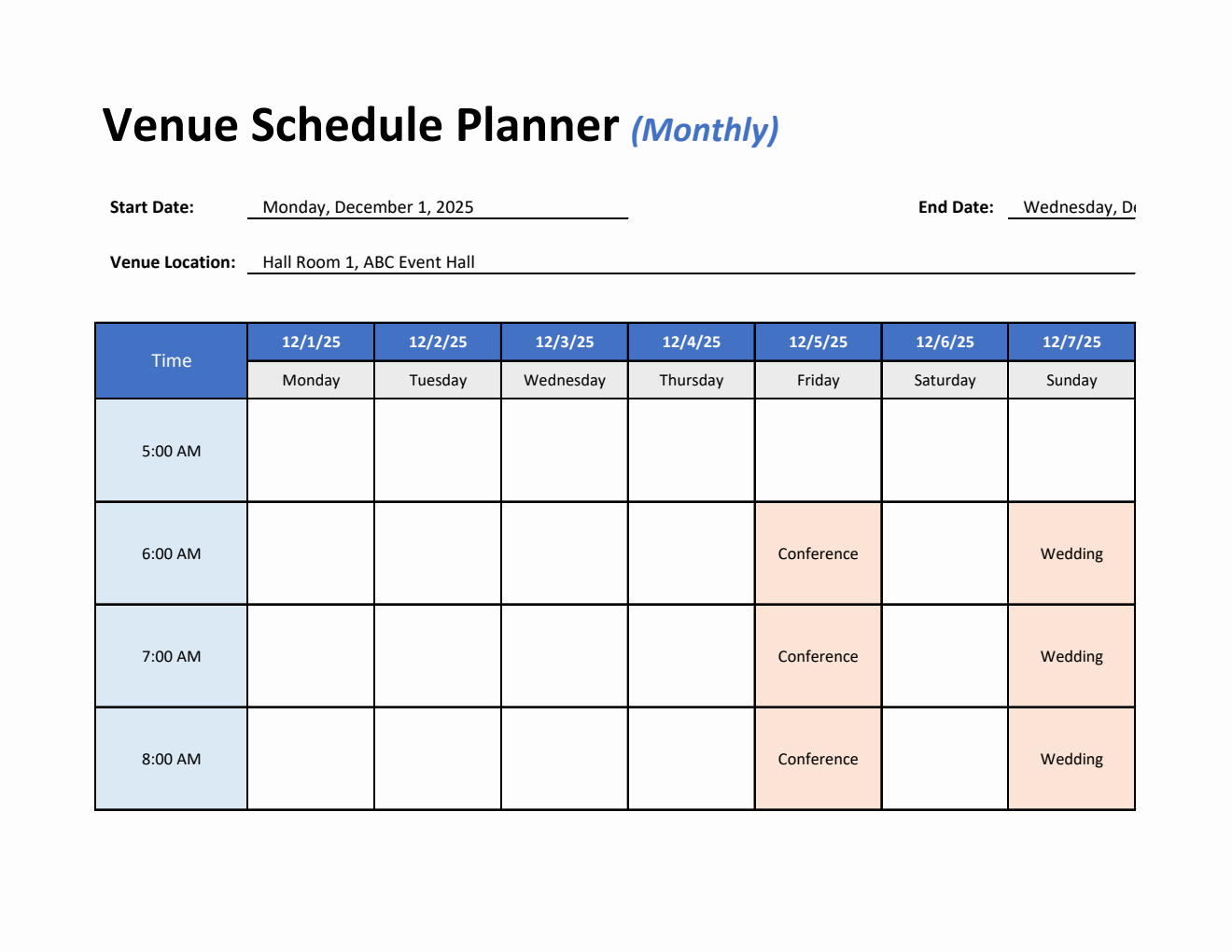 Venue Schedule Planner Template Excel