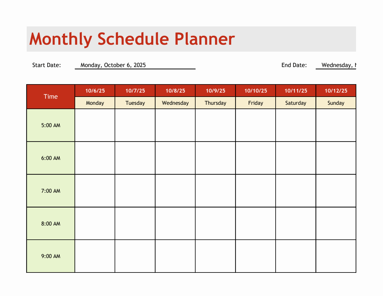  Schedule Planner Template Excel