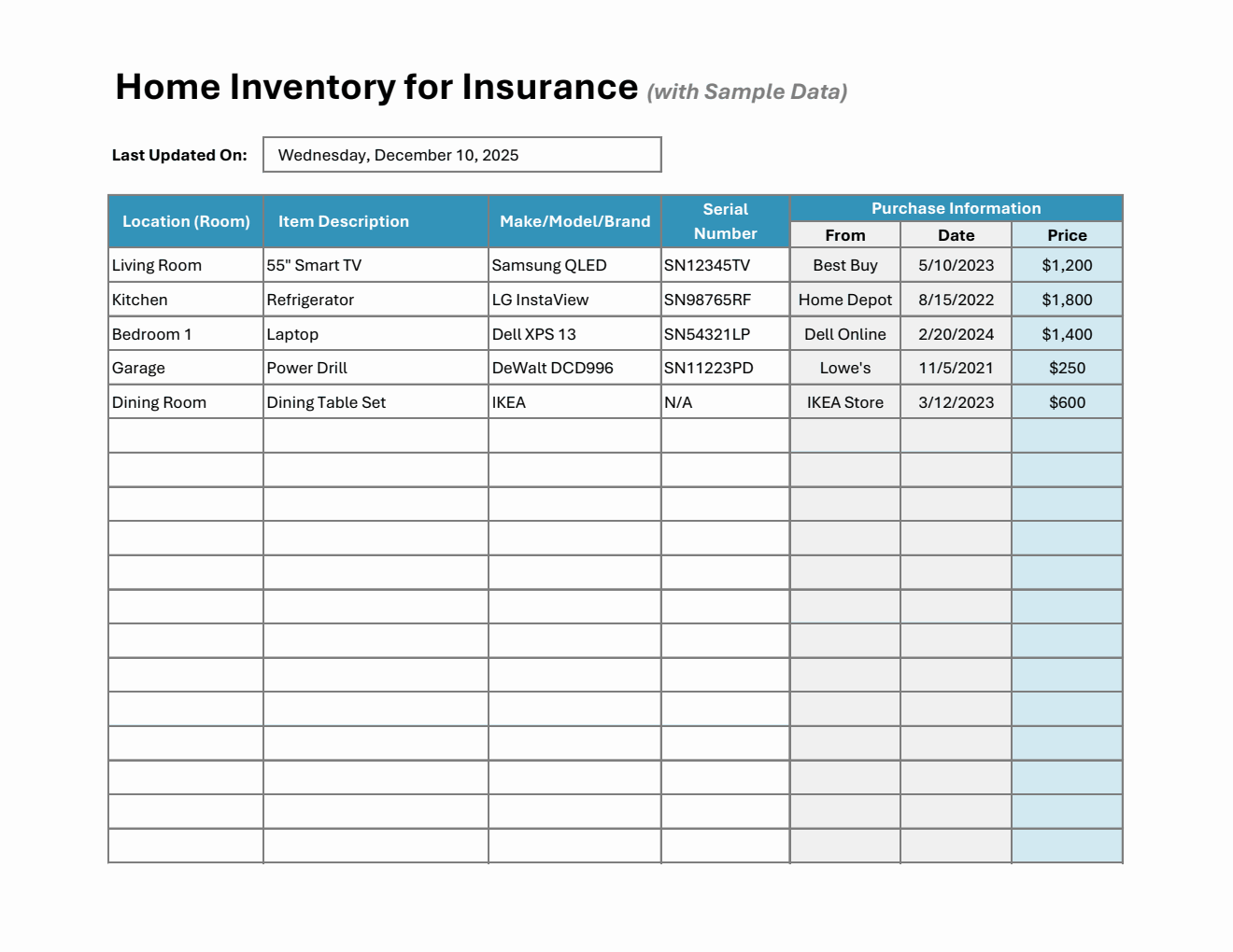 Extensive Household Inventory for Insurance (Excel)