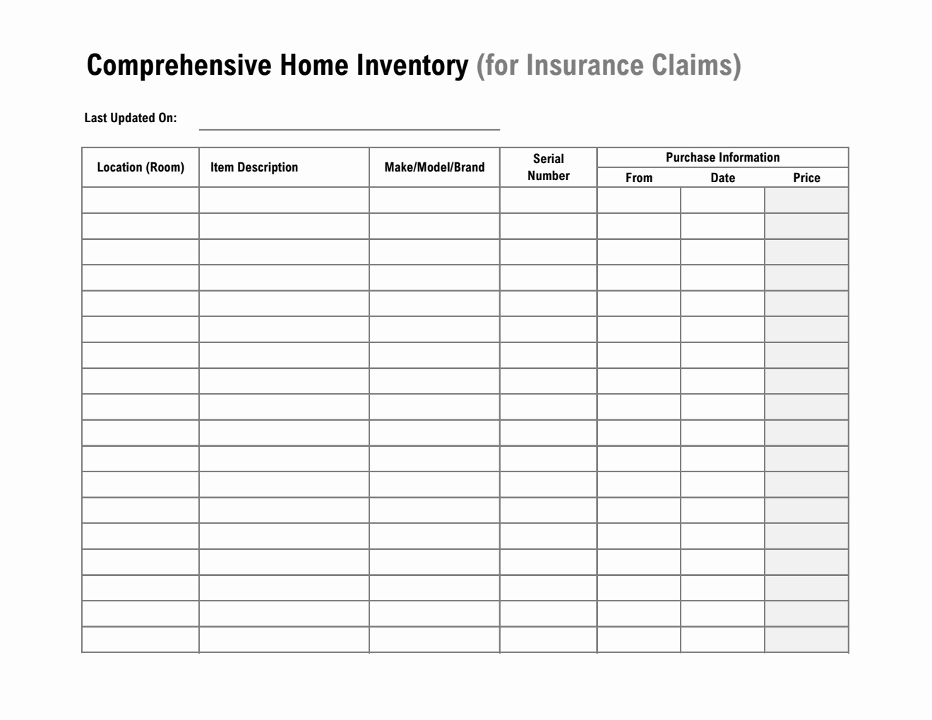 Comprehensive Household Inventory for Insurance (Excel)