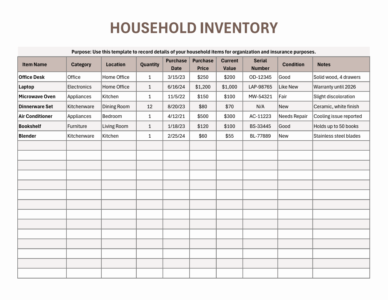 Household Inventory | Free Two Page Format in Excel Spreadsheet