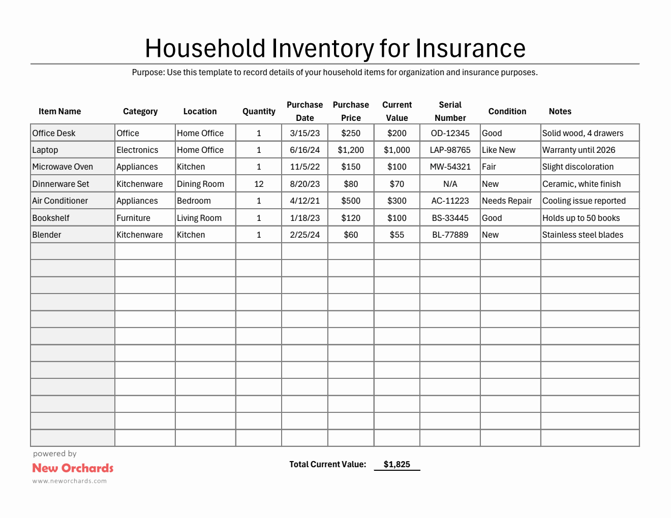 Household Inventory | Free Printable in Excel Spreadsheet