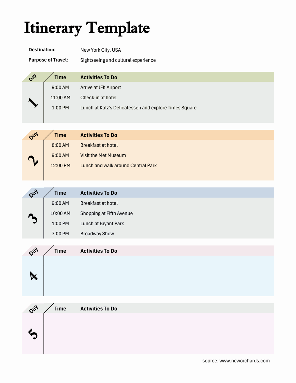 Downloadable Itinerary Template | Free to Download in Excel